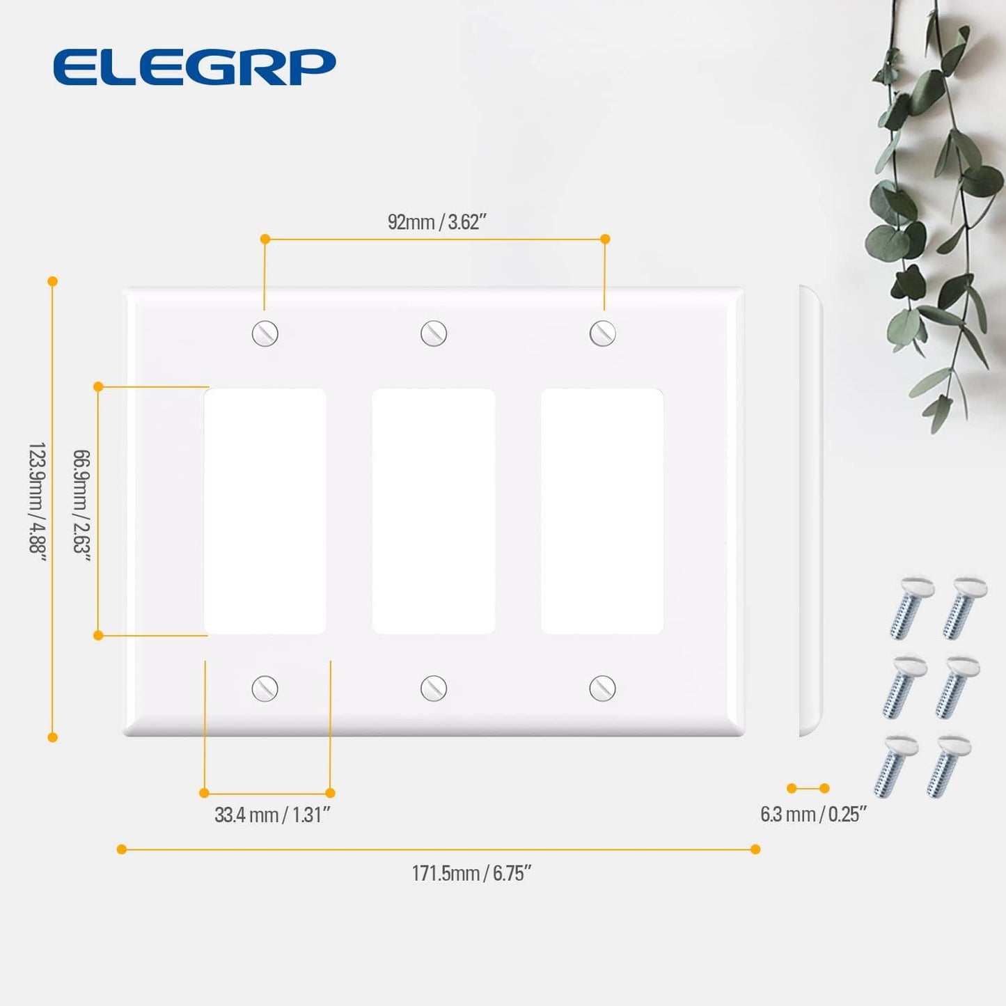 ELEGRP 3-Gang Decorative Wall Plates, Mid-Size 4.88" H x 6.75" L Unbreakable Thermoplastic Faceplate Cover for Decorator Receptacle Outlet Switch, UL Listed (10 Pack, Glossy White)