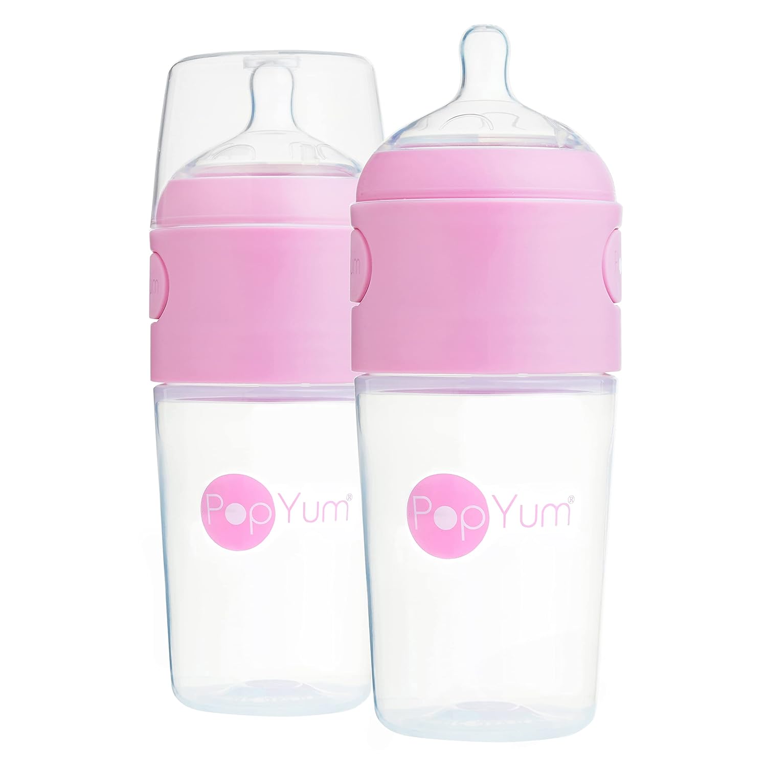 PopYum 9 oz Pink Anti-Colic Formula Making/Mixing/Dispenser Baby Bottles, 2-Pack with #2 Medium