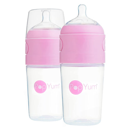 PopYum 9 oz Pink Anti-Colic Formula Making/Mixing/Dispenser Baby Bottles, 2-Pack with #2 Medium