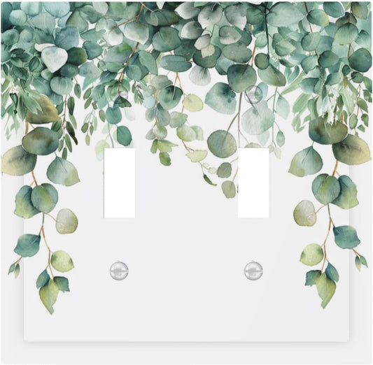 Decorative Switch Covers Plate Rustic Green Eucalyptus Leaves 2 Gang Wall Plate Unique Double Toggle Light Switch Plate Wall Cover Plate Faceplate for Country Bedroom Home Decor