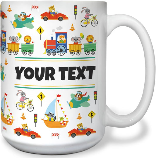 Personalized Mug for Kids - Vehicles - Custom Name/Text, Ceramic Hot Chocolate/Cocoa/Coffee Cup for Boys, Birthday/Christmas/Holiday Gift - 15 oz, White Handle