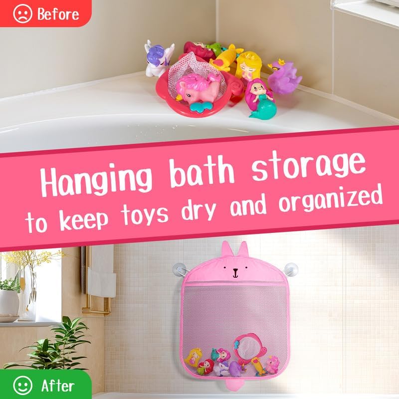 No Hole Bath Toys for Kids Ages 1-3, 8 Pcs Girl Bath Toys with Storage and Net, Sealed & Squeezable