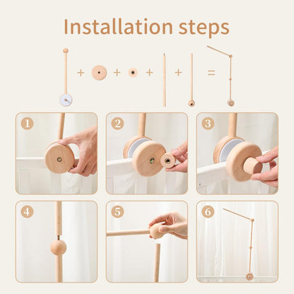 Baby Crib Mobile Arm Wooden Holder 30 inch Beech Hangers with Rotating Music Box Nursery Decor Attachment Safe Anti Slip Set
