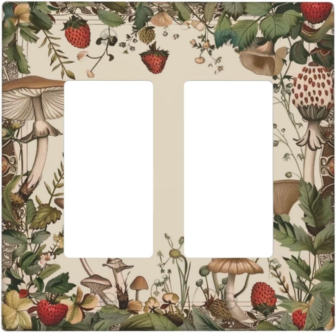 Decorative Outlet Covers Rustic Mushroom Garden Red Strawberry 2 Gang Wall Plate Double Rocker Two Switch Wall Cover Plate Light Switch Cover Plate Faceplate for Bedroom Home Decor