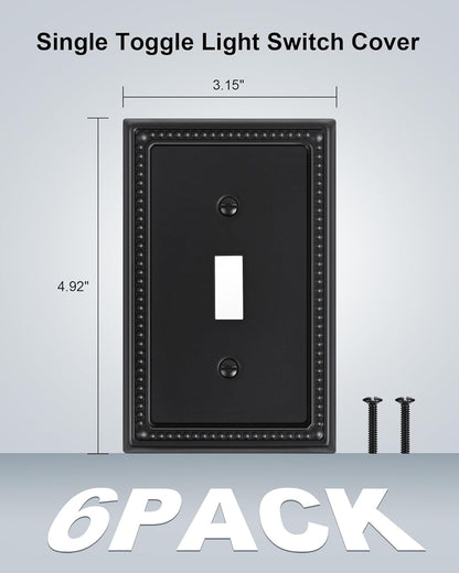 6-Pack Single Toggle Light Switch Cover Plate, Pearls Decorative Switch Plate Covers, Black 1 Gang Metal Wall Plate, Corrosion Resistant