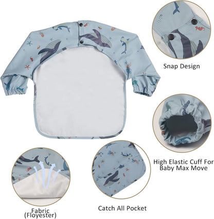 Long Sleeve Baby Bibs for Toddlers, Waterproof, Boys Girls Smock with Food Catcher Pocket for Feeding, Eating