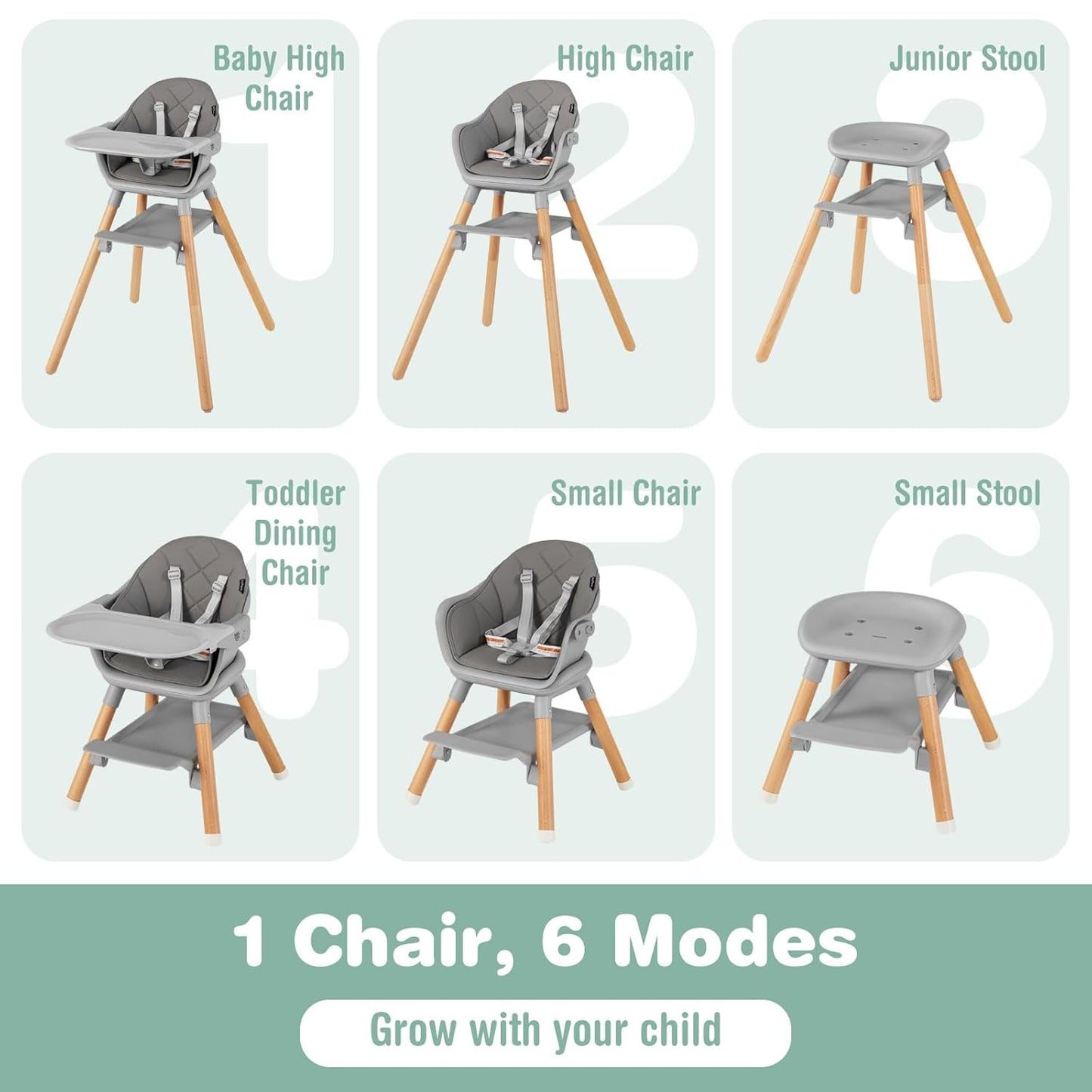 BABY JOY Baby High Chair, 6 in 1 Convertible Wooden Highchair for Babies & Toddlers with Adjustable