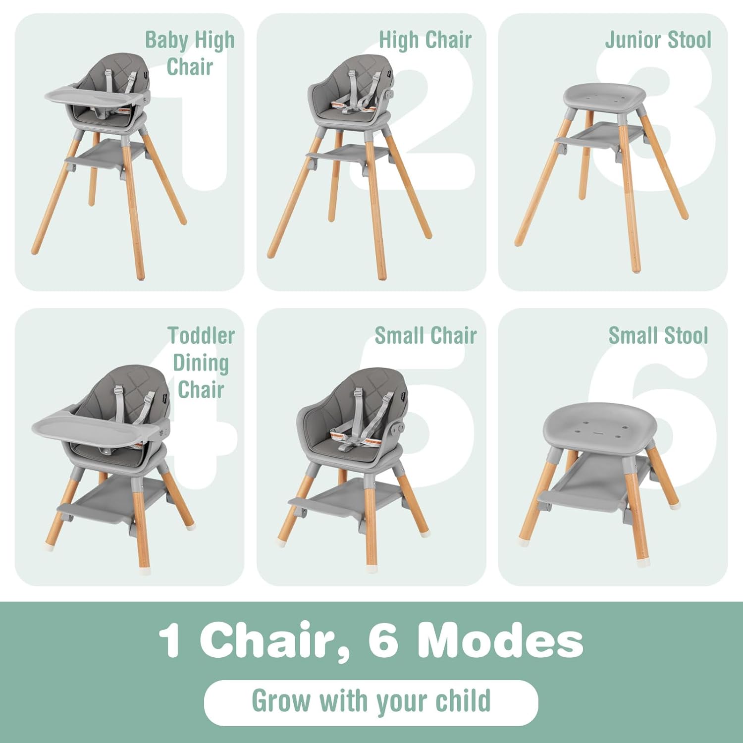 BABY JOY Baby High Chair, 6 in 1 Convertible Wooden Highchair for Babies & Toddlers with Adjustable