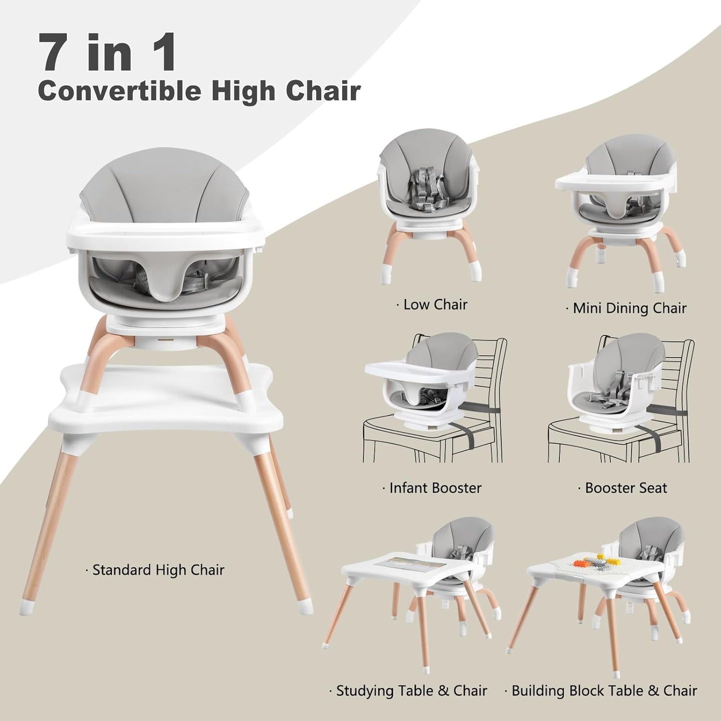 Baby High Chair, 7 in 1 Convertible High Chairs for Babies and Toddlers, Kids Learning Table