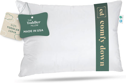 Toddler Pillow, 800 Fill Power Goose Down Fill, 300 Thread Count 100% Cotton Cover - Made in USA 18 Months to 6 Years (13x18)