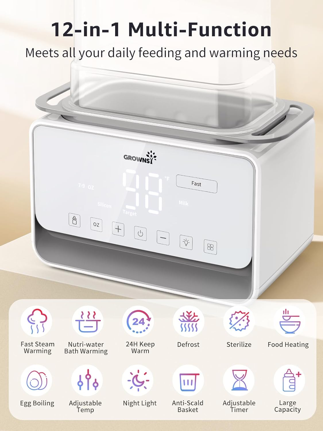 GROWSNY Fast Baby Bottle Warmer, 12-in-1 Milk Warmer with Steam and Water Bath Warming Modes for