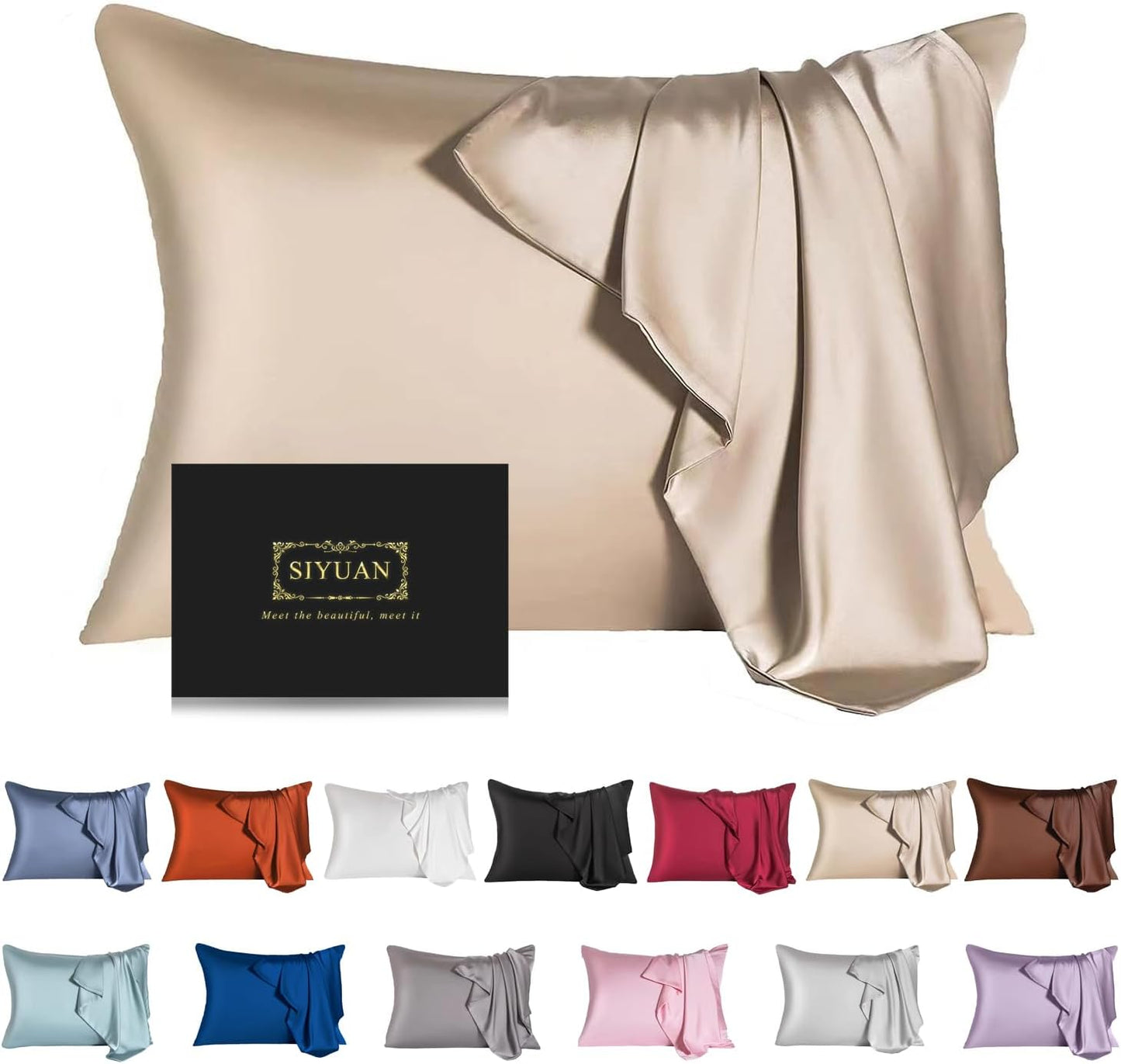 Mulberry Silk Pillowcase for Hair and Skin,Standard Size Cooling Silk Pillow Case with Hidden Zipper,Allergen Proof Dual Sides Soft Breathable Smooth Silk Pillow Cover for Women(Queen,Champagne)