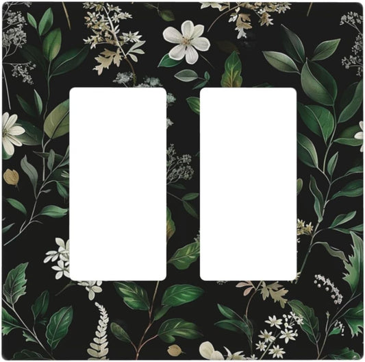 Decorative Outlet Covers Rustic Green Leaves White Flower 2 Gang Wall Plate Double Rocker Two Switch Wall Cover Plate Light Switch Cover Plate Faceplate for Country Bedroom Home Decor