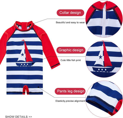 uideazone Baby Boys One Piece Swimsuit Long Sleeve UPF 50+ Rash Guard Bathing Suit Swimwear with Sun Hat 0-24 Months