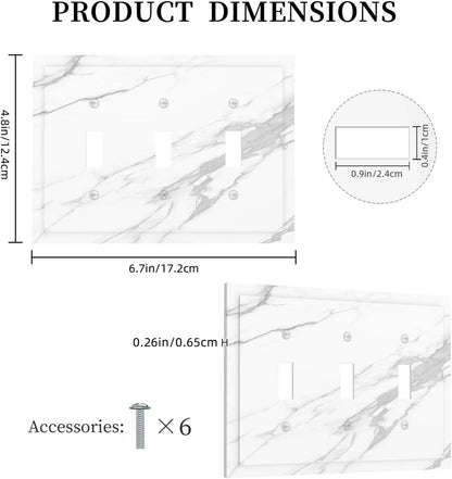 Decorative Switch Plates Modern White Gray Marble 3 Gang Wall Plate Triple Toggle Light Switch Cover Faceplate Electrical Wall Panels for living Room Bathroom Decor