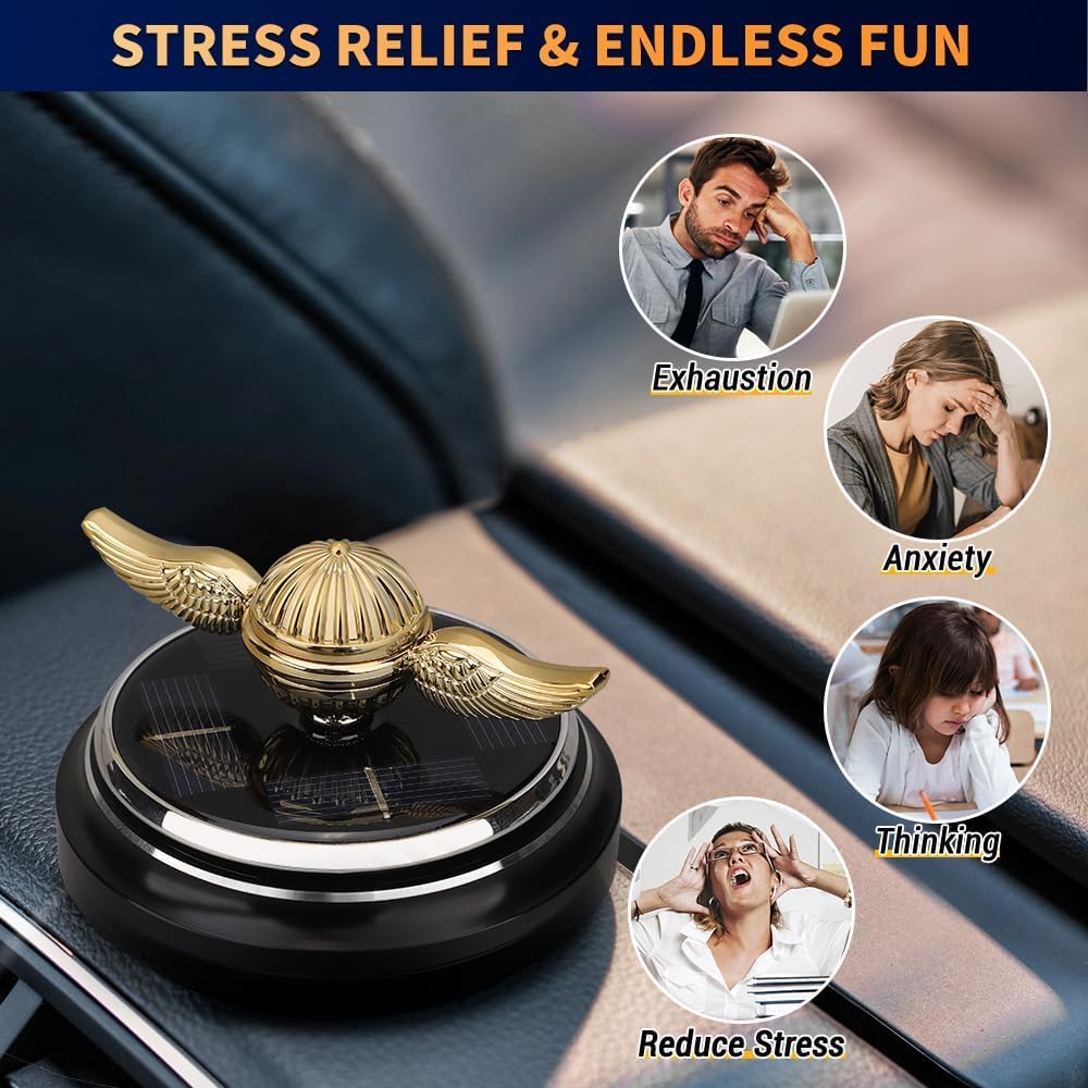 Car Air Freshener, Car Solar Energy Golden Fidget Spinner Toy with Swinging Wings for Car Interior Car Rotation Decoration Accessories, Powered by Sunshine Spinning Top Anxiety Gift for Men Boyfriend