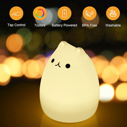 LED Night Light for Kids, Cute Nursery Color Changing Cat Night Light with Tap Control, Battery Powered Portable Squishy Silicone Soft Lamp Gifts for Baby Girls Boys Toddler Children Bedroom