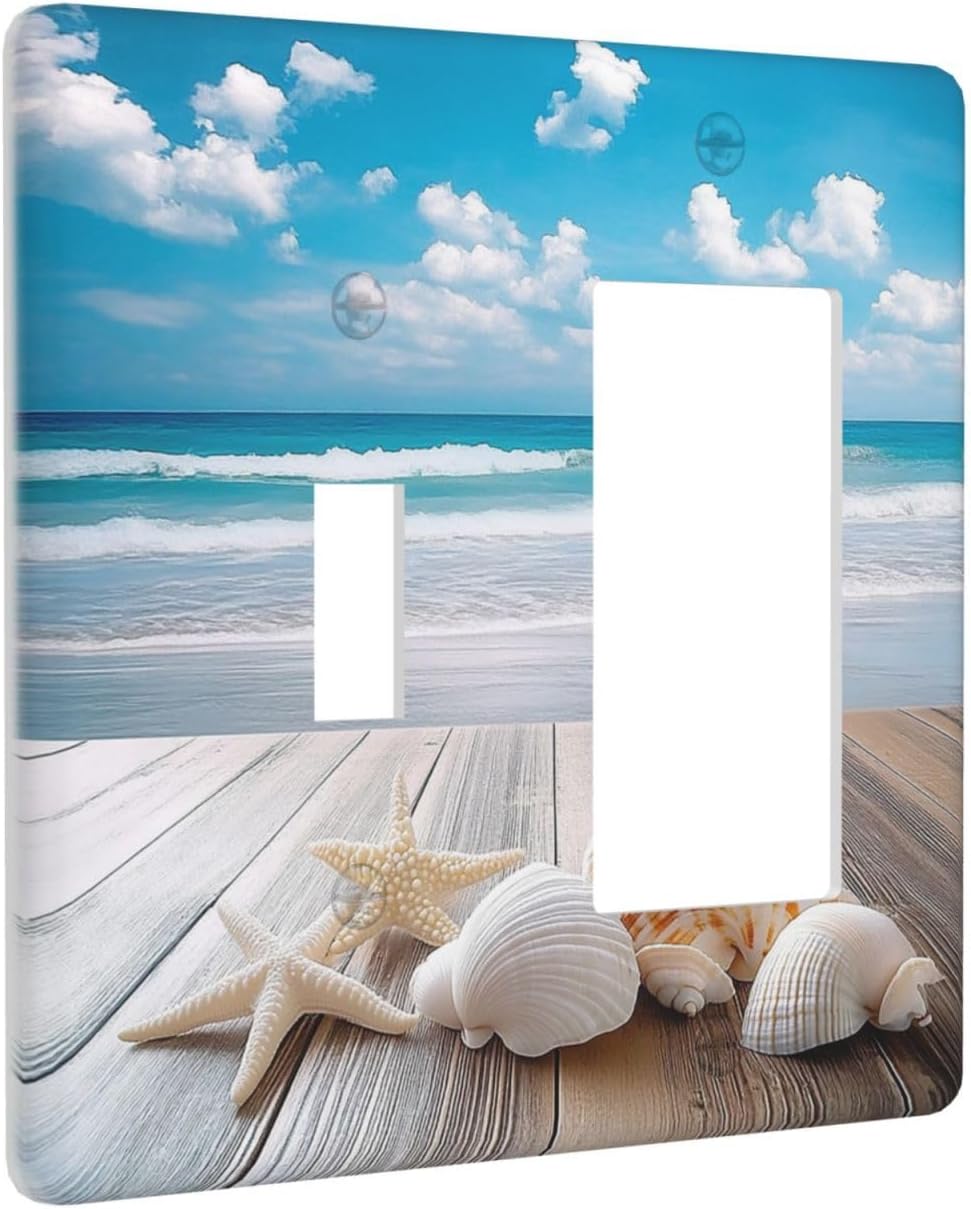 Outlet Covers Beach Waves Brown Wood Starfish Shells 1 Toggle 1 Rocker Combination Decorative Wall