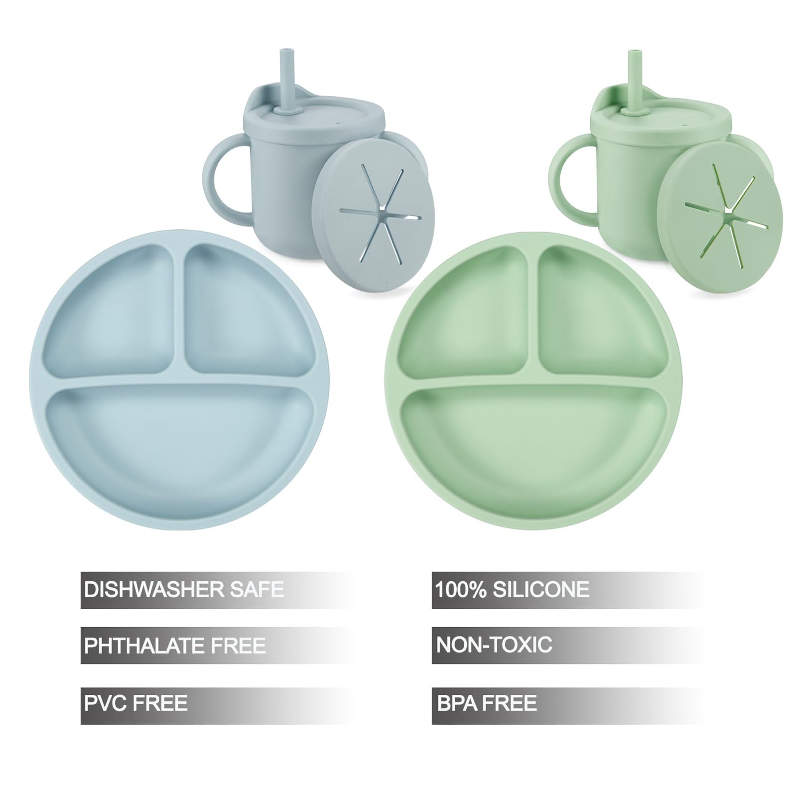 PandaEar Silicone Baby Feeding Set| 2 Pack Silicone Divided Suction Plate and 2 Pack Tiny Cup with