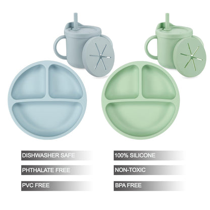 PandaEar Silicone Baby Feeding Set| 2 Pack Silicone Divided Suction Plate and 2 Pack Tiny Cup with
