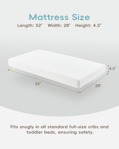 Crib Mattress, JPMA Certified Baby Mattress, Breathable Surface, CertiPUR-US and Oeko-TEX Approved, Standard Full Size for Crib & Toddler Bed, Waterproof Machine Washable Cover, 52” x 27.6”