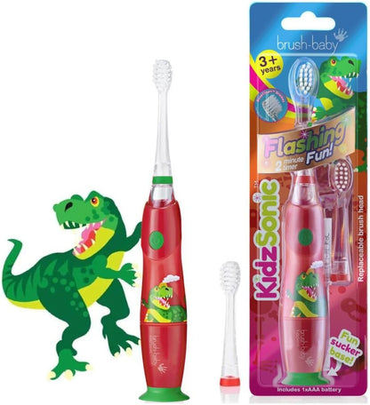 Brush‑Baby - KidzSonic Dinosaur Kids Electric Toothbrush for Ages 3+ with Disco LED Lights, Gentle