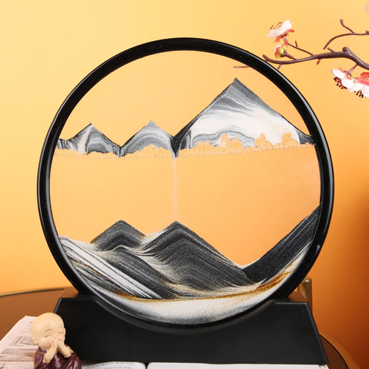 Moving Sand Art Picture in Motion Round Glass 3D Deep Sea Landscape, Dynamic Sand Art Sandscapes, Sensory Relaxing Desktop Table Decor Desk Decor Art Desk (7 inch, Black)