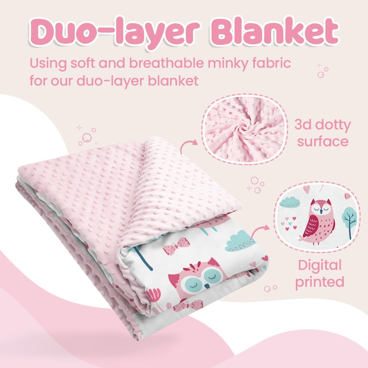 Owl Kid Blanket for Girl - Soft Kids Throw Minky Blankets with Dotted Backing for Girls - Kids