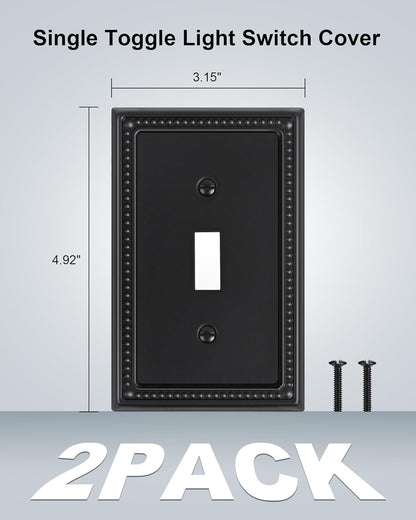 2-Pack Single Toggle Light Switch Cover Plate, Pearls Decorative Switch Plate Covers, Black 1 Gang Metal Wall Plate, Corrosion Resistant