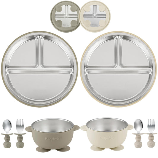 PandaEar 8PCS Baby Feeding Set | Stainless Steel Suction Plates and Bowls with Silicone Fork and