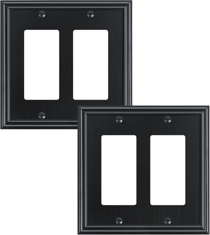 2-Pack Decorative Double Decorator Outlet Cover Plate, Durable Zinc Alloy Black Wall Plates for Electrical Outlets, Receptacle, GFCI Outlet, Dimmer Switch, 2-Gang, Corrosion Resistant
