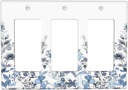 Light Switch Covers Light Blue Watercolor Leaves Plant With Floral 3 Gang Rocker Electrical GFCI Decorative Triple Outlet Wall Plate Cover Switchplate for Bedroom Bathroom Decor
