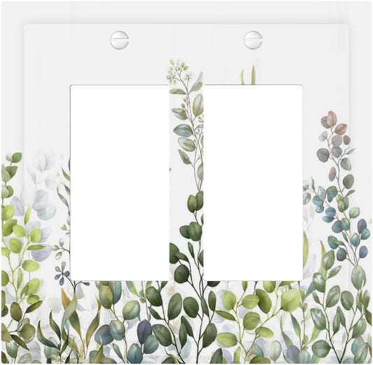 Green Eucalyptus Leaf Plant Herbs Springnature Decorative Outlet Covers 2 Gang Double GFCI Rocker Electrical Wall Panels Light Switch Cover Plate for Bed Room Living Room Decor