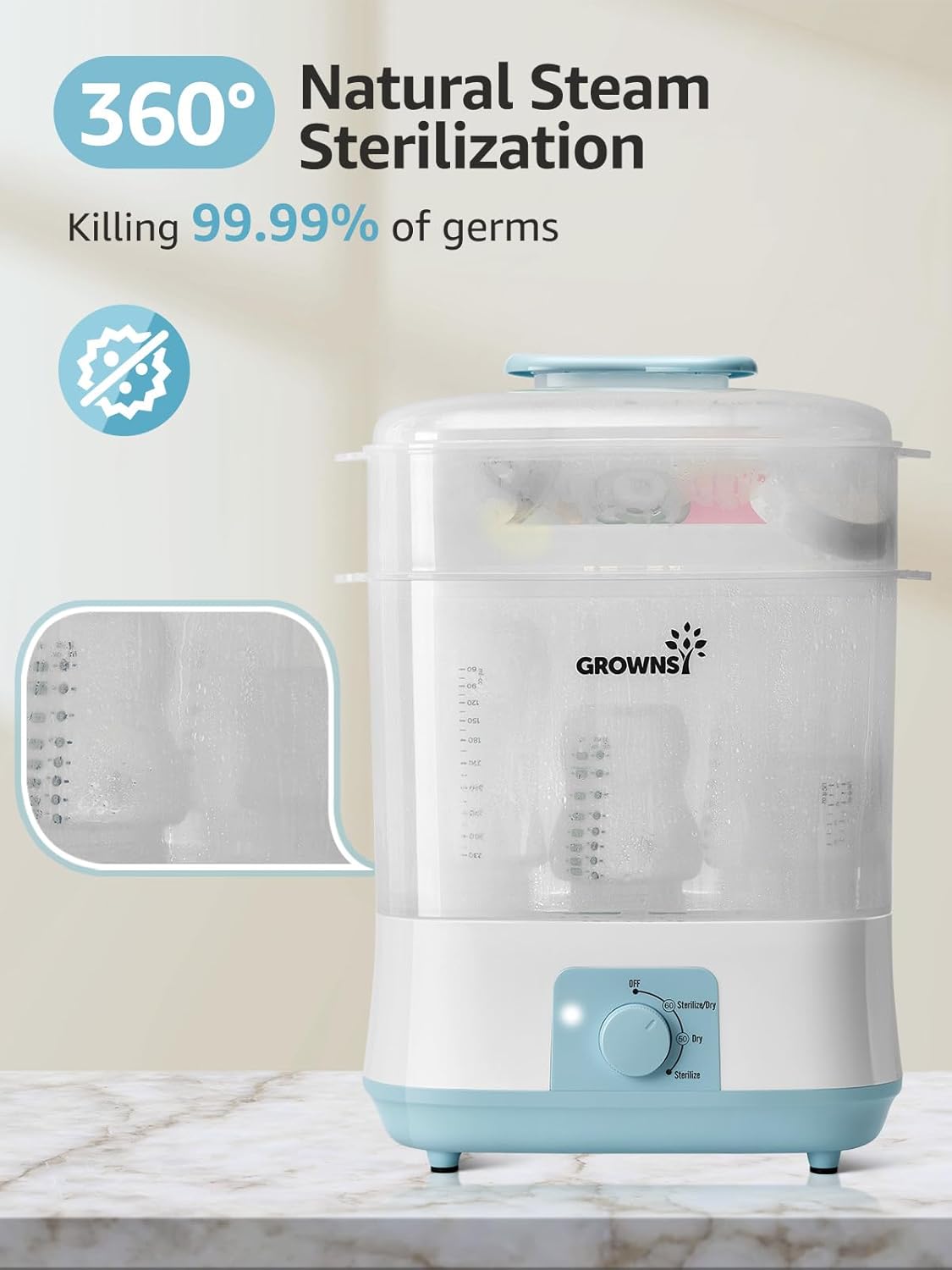 GROWNSY Adjustable 3 in 1 Large Bottle Sterilizer and Dryer, Electric Steam Baby Bottle Sterilizer