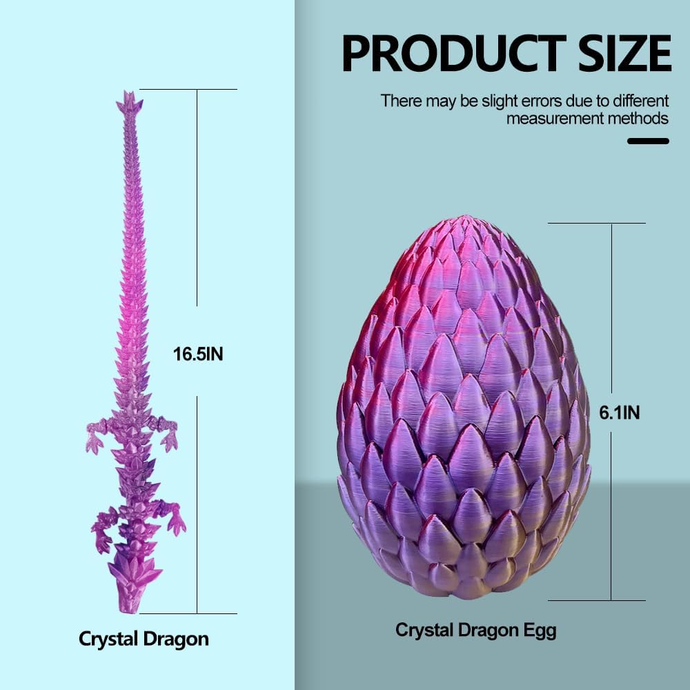 3D Printed Dragon with Dragon Egg 16.5'' Articulated Dragon Crystal Dragon Fidget Dragon Egg Toys Executive Desk Toys (Red Gold Purple, Dragon Only)