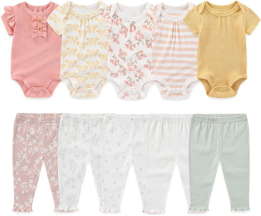 Kiddiezoom Newborn Baby Layette Set 10-Piece with Bodysuits and Pants Set for Unisex Baby Gift Sets
