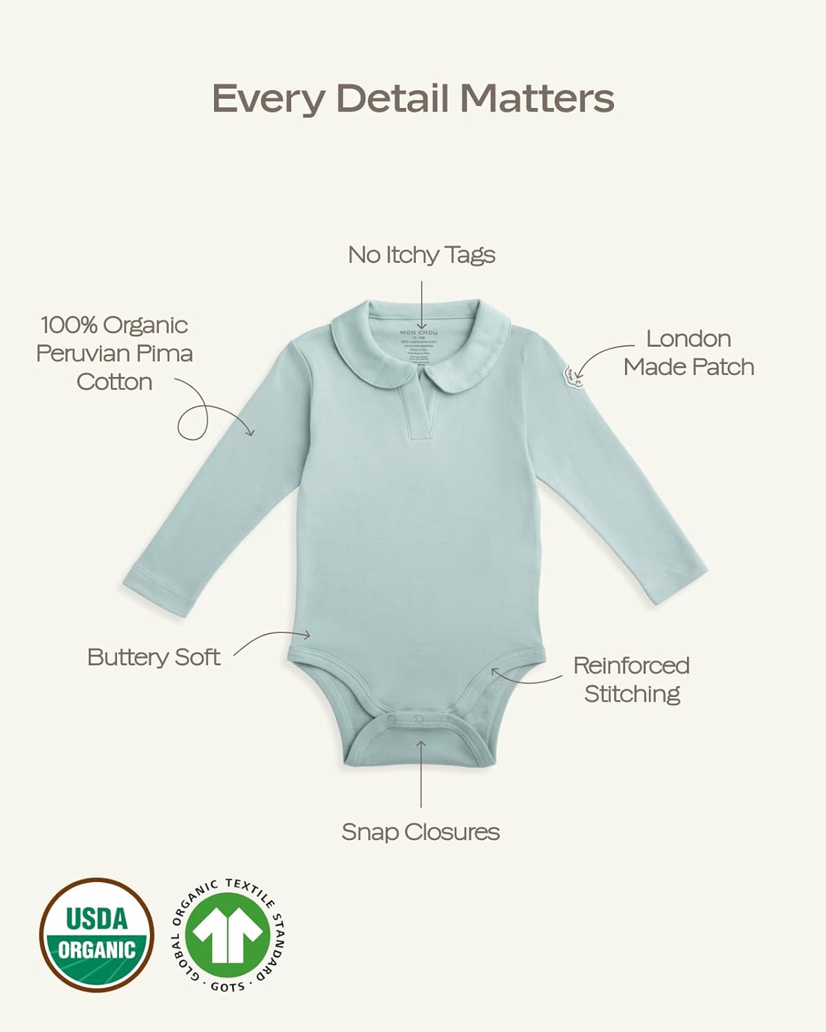 MON CHOU Premium Long Sleeve Bodysuit - Luxuriously Soft, 100% Pima Cotton Baby Bodysuit with Collar - Organic Cotton Baby Clothes (Cocoa, 0-3 Months)
