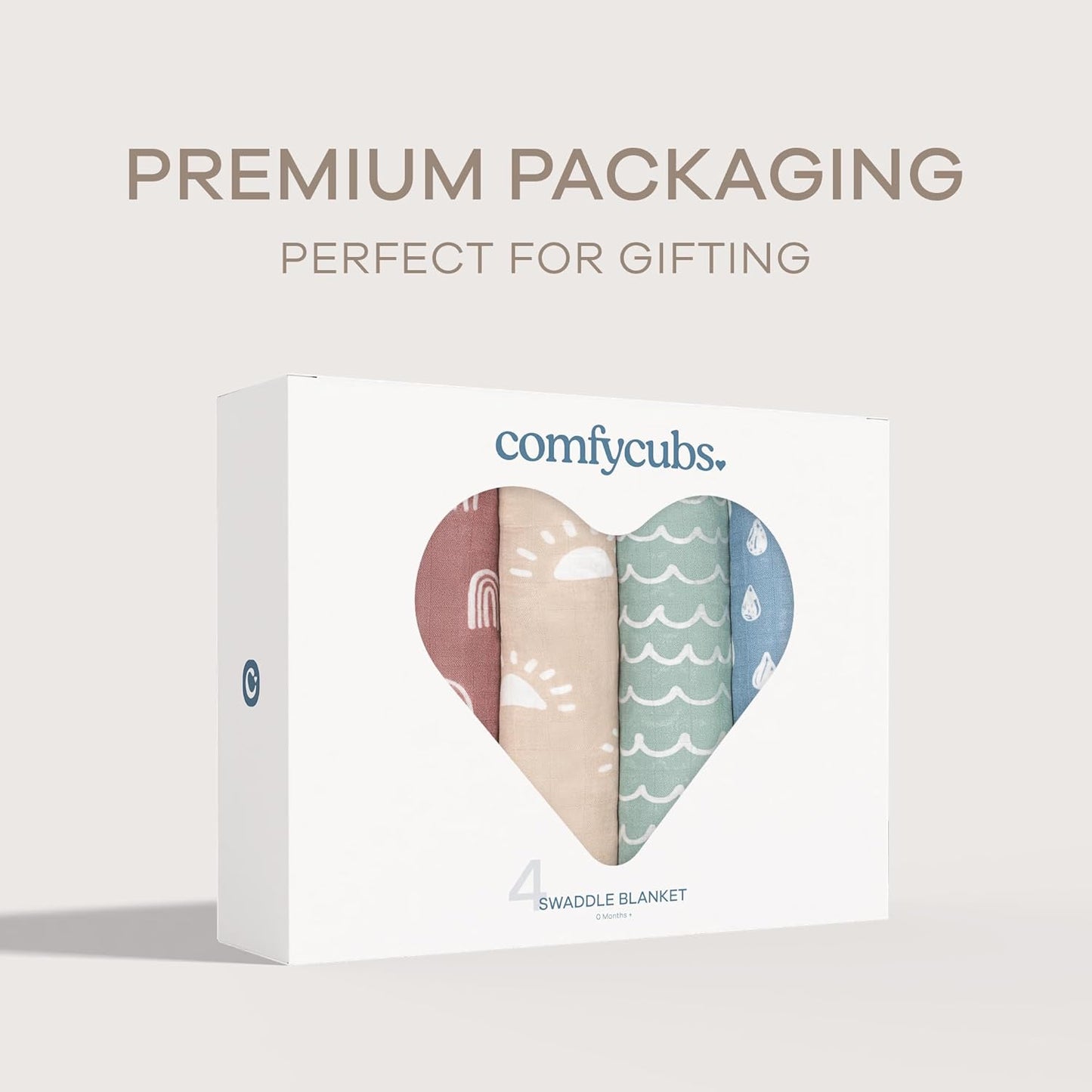 Comfy Cubs Muslin Swaddle Blankets Pack of 4, 47 x 47 Inches, Soft Cotton Baby Blanket Set, Large Multipurpose Swaddling Wraps for Newborns - Self-Soothing Swaddle - Sun, Rainbow, Rain, Doodle