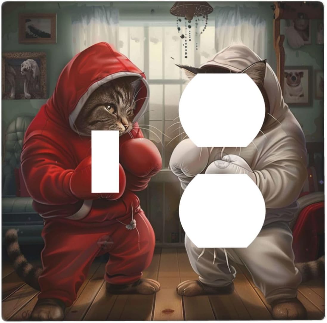 Decorative Outlet Covers Funny Red Boxing Cats White Tomcat 2 Gang Wall Plate Cover Single Toggle Duplex Combo Two Switch Light Switch Cover Plate Jumbo Dual GFCI Faceplate