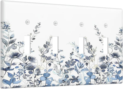 Light Switch Covers Light Blue Watercolor Leaves Plant With Floral Quad Toggle Electrical Faceplate 4 Gang Wall Plate Decorative Switch Plates for Bedroom Bathroom Decor