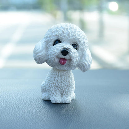 Resin Bobbing Head Dog Figurines Mini Bobblehead Puppy for Home Office Desk Car Dashboards Decor Ornaments (Teddy - White)