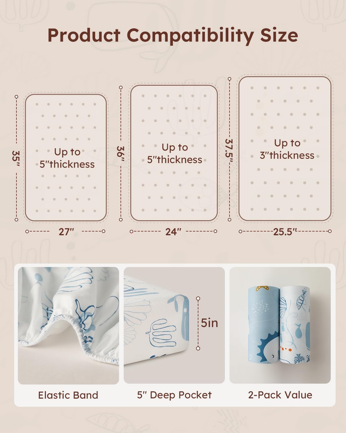 Yoofoss Baby Pack and Play Sheets 2 Pack for Boys and Girls - 38x26 Mini Crib Sheets Fitted Neutral
