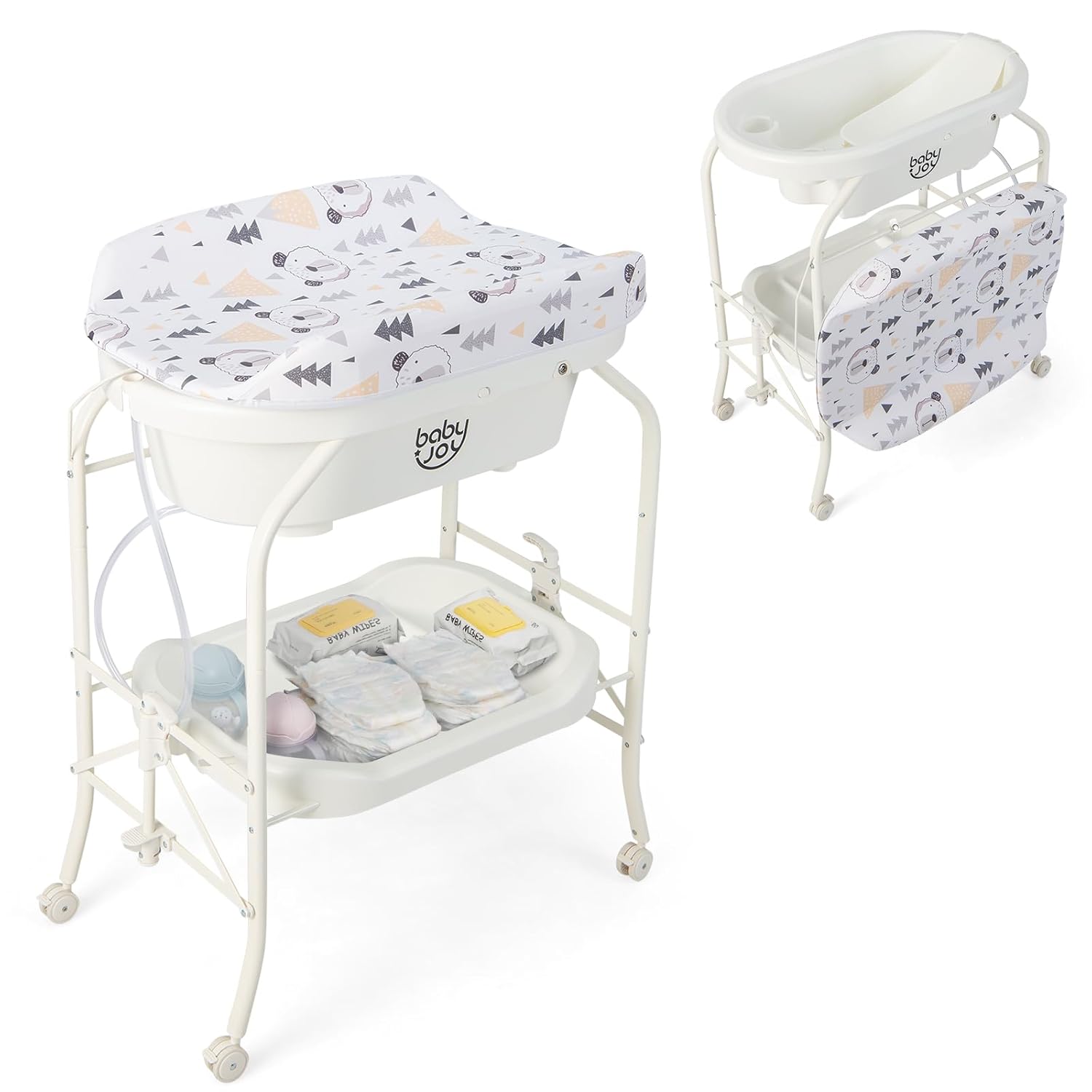 BABY JOY Baby Bathtub with Changing Table, Foldable Infant Diaper Changing Station with Storage