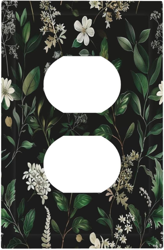 Decorative Outlet Covers Rustic Green Leaves White Flower 1 Gang Duplex Light Switch Cover Plate Wall Plates for Electrical Outlets Switchplate Faceplate for Country Bedroom Home Decor