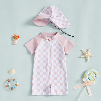 MAYUMMPY Baby Boys Girls Swimwear Casual Zipper One Pieces Rash Guard Swimsuit and Hat Beachwear Bathing Suit