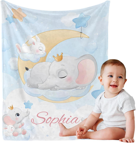 Personalized Baby Blanket with Name, Custom Elephant Name Blankets Toddler Girls Soft Flannne Swaddling Blankets Azure Color Customized Memorial Gift from Nana for Infant Newborn Shower