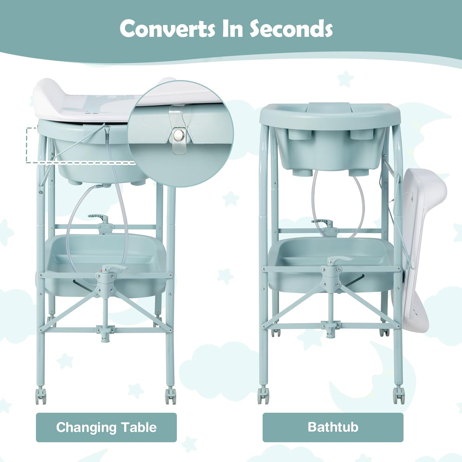 HONEY JOY Baby Changing Table with Bathtub, Foldable Infant Diaper Changing Station with Wheels
