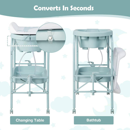 HONEY JOY Baby Changing Table with Bathtub, Foldable Infant Diaper Changing Station with Wheels