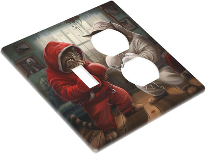Decorative Outlet Covers Funny Red Boxing Cats White Tomcat 2 Gang Wall Plate Cover Single Toggle Duplex Combo Two Switch Light Switch Cover Plate Jumbo Dual GFCI Faceplate
