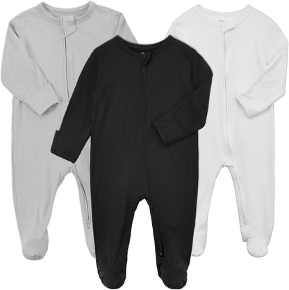 Aablexema Baby Zipper Pajamas Bamboo Rayon, 3pcs Unisex Infant Onesie with Mitten Long Sleeve Footed Pjs